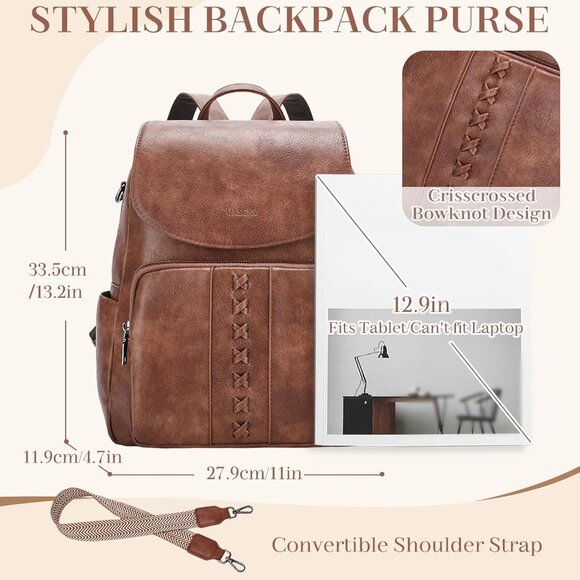 Fashion Brown Vegan Leather Flap Backpack Purse with Guitar Strap for Women main image 4